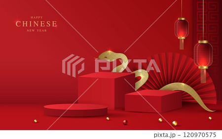Chinese new year 2025 year of the snake for product. podium, backdrop, products showcase and promotion display on red background. lunar new year concept. vector design. 120970575