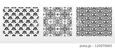 Geometric floral set of seamless patterns. White and black vector backgrounds. Damask graphic ornaments. Geometric floral set of seamless patterns. White and black vector backgrounds. Damask graphic ornaments. 120970665