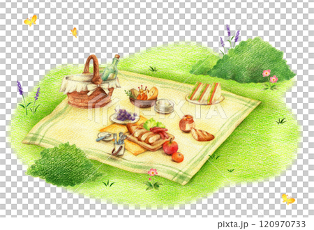 野餐午餐鋪在綠地裡，手繪色鉛筆畫 120970733