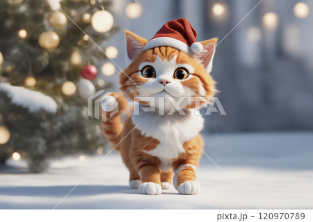 Cute littel 3d cat cartoon wearing red Santa Clause hat. Cute littel 3d cat cartoon wearing red Santa Clause hat. 120970789