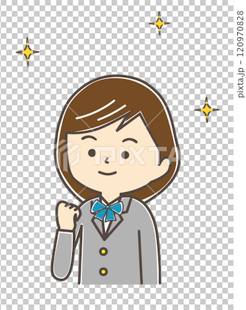 一個穿著制服的女孩用一隻手做拳頭泵 120970828