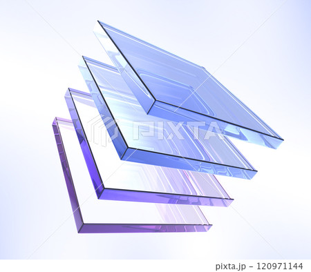 3d abstract glass square shapes in row. Iridescent crystal transparent plates, flying rainbow panels with holographic gradient, dispersion light for ui design, digital tech background. 3D illustration 120971144