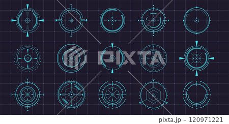 Hud aim pointer optical target, Futuristic focus range indicators, laser crosshair collimator sight. Measurement sniper for sniper gun. Game interface design ui element Hud aim pointer optical target, Futuristic focus range indicators, laser crosshair collimator sight. Measurement sniper for sniper gun. Game interface design ui element 120971221
