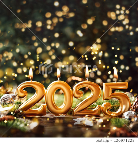 Holiday background Happy New Year 2025. Numbers of year 2025 made by gold burning candles on bokeh festive sparkling background. celebrating New Year holiday, close-up. Space for text 120971228