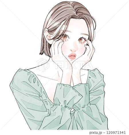 両頬に手を添えている女性 120971341