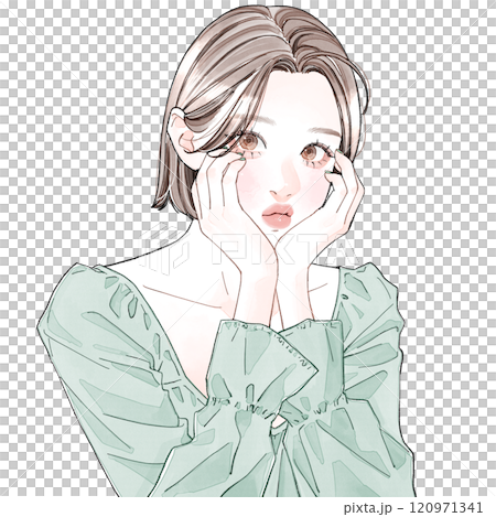 両頬に手を添えている女性 120971341