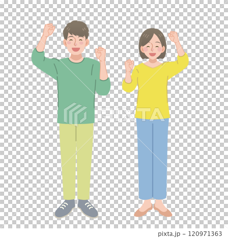 A man and a woman doing a fist pump with a smile A man and a woman doing a fist pump with a smile 120971363