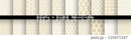 Geometric set of seamless golden and white patterns. Simple vector graphics Geometric set of seamless golden and white patterns. Simple vector graphics 120971387