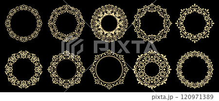 Set of decorative frames Elegant vector element for design in Eastern style, place for text. Floral black and golden borders. Lace illustration for invitations and greeting cards 120971389