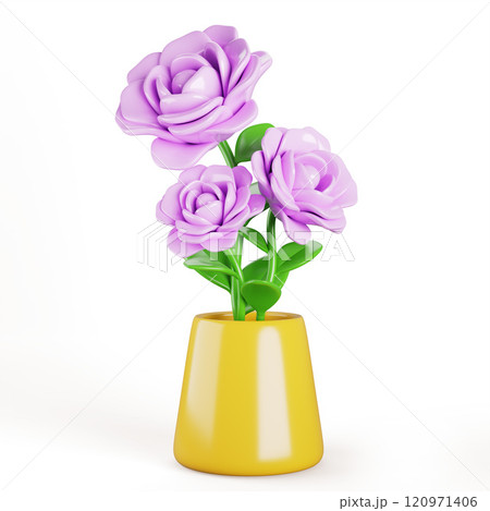 3d flower bouquet in yellow vase. Pink rose or peony, cute house plant in pot for home interior decor or gift. Floral bunch with green leaf and blossom, isolated cartoon render icon. 3D illustration 120971406