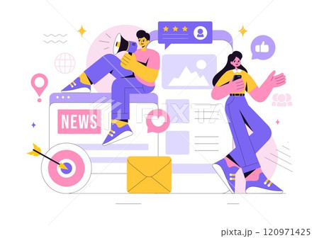 Public Relations Vector Illustration featuring a Team Developing Marketing Campaign Ideas Through Mass Media to Advertise Your Business in Background 120971425