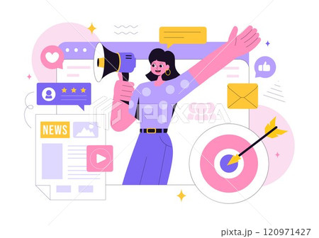 Public Relations Vector Illustration featuring a Team Developing Marketing Campaign Ideas Through Mass Media to Advertise Your Business in Background 120971427