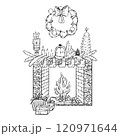 Merry Christmas. Elegant greeting card with a fireplace with a burning fire, gifts and toys and a New Year s wreath. 120971644
