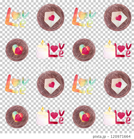 Handwritten word love and colorful hearts in an envelope, candle watercolor set seamless pattern isolated on white. Hand painted art. Perfect St Valentine day, stickers, posters, cards, wrapping 120971664