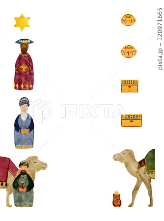 Wise men and a camel with gifts, gold, myrrh, frankincense Christmas watercolor vertical card. Hand painted art for posters, stickers, decoration for celebration of true Christmas. Clip art Wise men and a camel with gifts, gold, myrrh, frankincense Christmas watercolor vertical card. Hand painted art for posters, stickers, decoration for celebration of true Christmas. Clip art 120971665