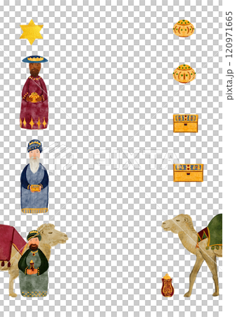 Wise men and a camel with gifts, gold, myrrh, frankincense Christmas watercolor vertical card. Hand painted art for posters, stickers, decoration for celebration of true Christmas. Clip art Wise men and a camel with gifts, gold, myrrh, frankincense Christmas watercolor vertical card. Hand painted art for posters, stickers, decoration for celebration of true Christmas. Clip art 120971665