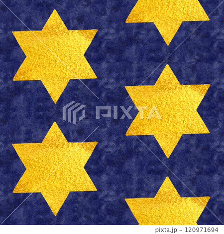 Golden stars of David on dark blue textured watercolor background. High quality illustration for cards, textile, wrapping paper, Christmas design, decoration, napkins, packaging. Minimalistic image 120971694