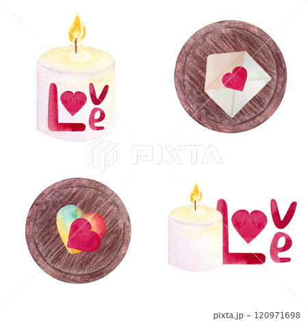 Handwritten word love, colorful hearts in an envelope, candle, tray watercolor set seamless pattern isolated on white. Hand painted perfect St Valentine day, stickers, posters, cards, wrapping poster 120971698