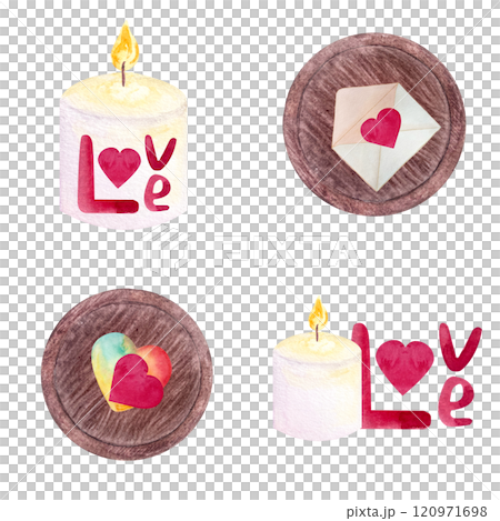 Handwritten word love, colorful hearts in an envelope, candle, tray watercolor set seamless pattern isolated on white. Hand painted perfect St Valentine day, stickers, posters, cards, wrapping poster 120971698