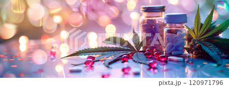 Banner with Cannabis Supplements Concept with CBD Oil and Capsules on Reflective Surface 120971796
