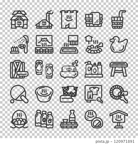 Hot spring trip, facilities and supplies icon set 120971891
