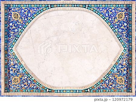 Detail of traditional persian mosaic wall with geometrical and floral ornament, Iran. Horizontal or vertical background with ceramic tile frame. Mock up template. Copy space for text 120972179