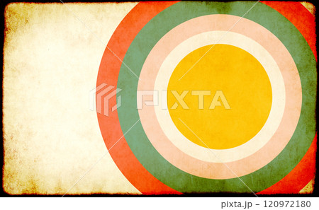 Vintage grunge background with paper texture and circular striped pattern of different colors. Horizontal or vertical retro banner with paper texture. Vintage cardboard backdrop. Copy space for text 120972180