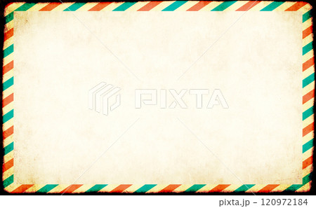 Retro Mail frame postcard with blue and red stripes. Font view of blank letter paper envelope with striped edges. Mockup template envelope. Vintage background with paper texture and blank message 120972184