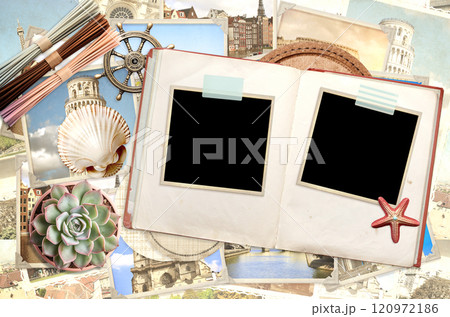Vintage travel background with opened album with retro photo. Horizontal vacation backdrop. Mock up template. Copy space for text. Travel, active tourism, rest, vacation and holiday concept Vintage travel background with opened album with retro photo. Horizontal vacation backdrop. Mock up template. Copy space for text. Travel, active tourism, rest, vacation and holiday concept 120972186