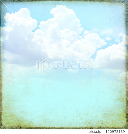 Retro background with texture of old soiled paper of blue color and white clouds. Vintage square nature backdrop with grunge frame. Copy space for text Retro background with texture of old soiled paper of blue color and white clouds. Vintage square nature backdrop with grunge frame. Copy space for text 120972189