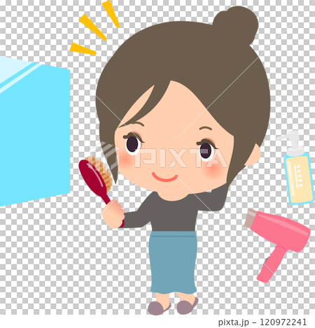 Smiling woman fixing her hair in front of a mirror 120972241