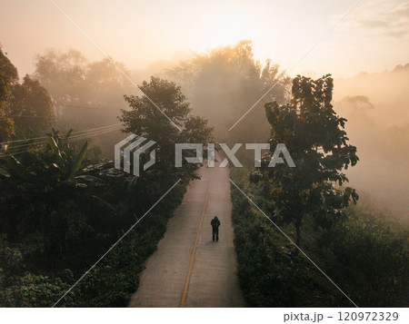 Road and morning fog,High angle view of road and morning fog with sunlight 120972329