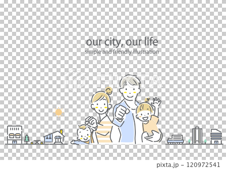 一個健康的四口之家的框架和一個簡單時尚的線條畫插圖。 120972541