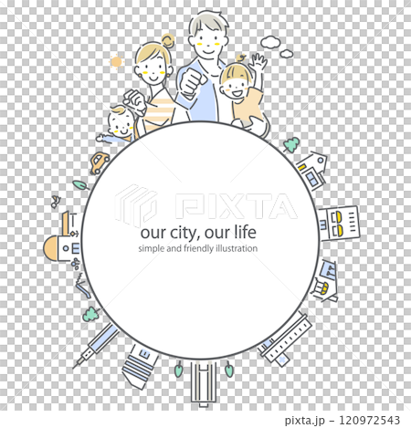 一個健康的四口之家的框架和一個簡單時尚的線條畫插圖。 一個健康的四口之家的框架和一個簡單時尚的線條畫插圖。 120972543