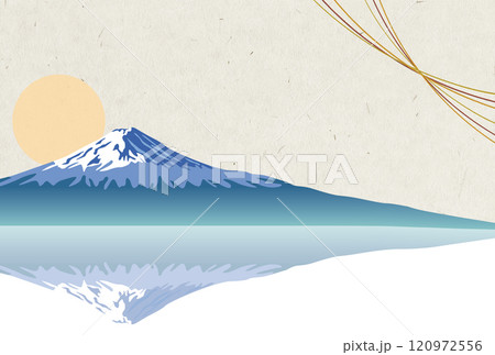 朝日が昇る富士山と逆さ富士の年賀状和紙素材 120972556