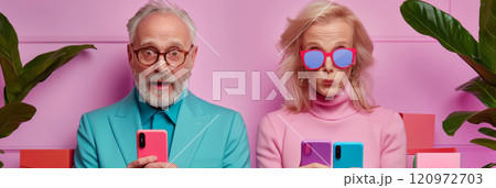 Stylish Mature Couple Reacting to Smartphones in Vibrant Pink and Blue Workspace 120972703