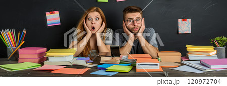 Shocked Students Reacting in a Colorful Workspace with Books and Supplies Against Chalkboard 120972704
