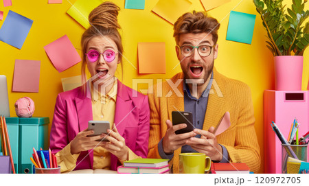Surprised Couple Reacting to Smartphones with Digital Chaos in a Bold Vibrant Background 120972705