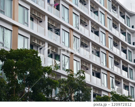 Detailed view of windows, doors and balconies of city buildings  120972812