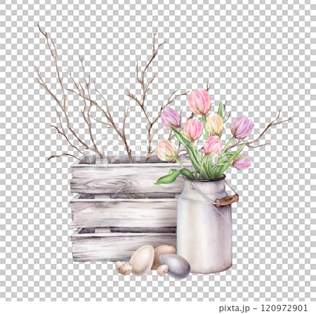 Painted chicken eggs symbols of Easter celebration and wooden box with fall tree branch without leaves. Hand drawn watercolor illustration, isolated. Pastel multicolored bouquet Tulips in metal can. Painted chicken eggs symbols of Easter celebration and wooden box with fall tree branch without leaves. Hand drawn watercolor illustration, isolated. Pastel multicolored bouquet Tulips in metal can. 120972901