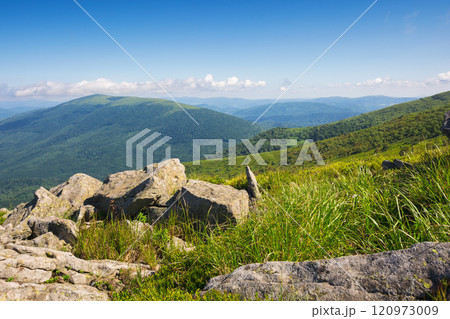 carpathian mountain landscape in summer. stone on the slope. alpine scenery with grassy hills. green nature background. vacation in europe carpathian mountain landscape in summer. stone on the slope. alpine scenery with grassy hills. green nature background. vacation in europe 120973009