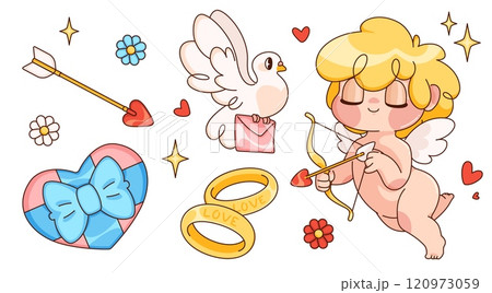 Cupid character, golden rings and love gifts set 120973059