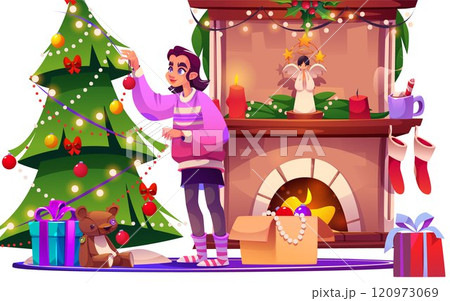 Woman decorate home Christmas tree near fireplace 120973069