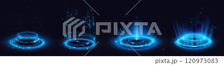 Neon blue light circles set isolated on black 120973083