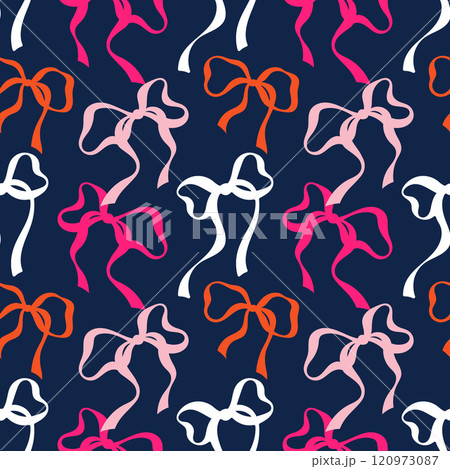 Cute coquette pattern seamless white pink orange ribbon bow. Cute feminine romantic background for textile, fabric, wallpaper, wrapping. Cute coquette pattern seamless white pink orange ribbon bow. Cute feminine romantic background for textile, fabric, wallpaper, wrapping. 120973087