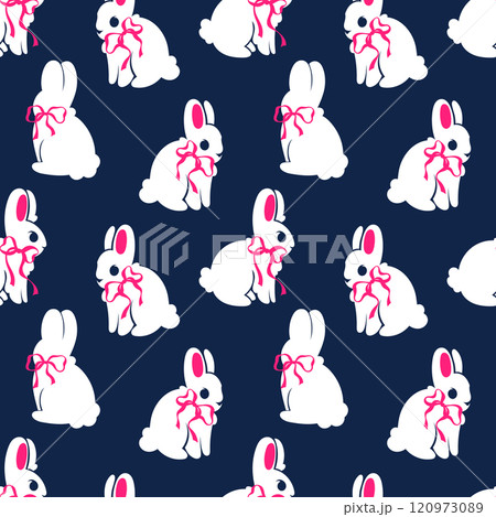 Easter seamless pattern with cute white rabbits in pink bows on a dark blue background. Repeating print for fabric, wrapping paper, textile, wallpaper 120973089