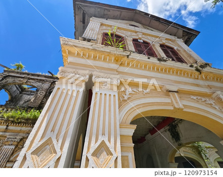 Detailed view of windows, doors and balconies of city buildings  120973154