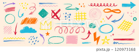 Arrow brush line color paint element shape set. Crayon abstract doodle color circle, arrow sketch hand drawn. Texture crayon brush sketch style shape background. Vector Arrow brush line color paint element shape set. Crayon abstract doodle color circle, arrow sketch hand drawn. Texture crayon brush sketch style shape background. Vector 120973168