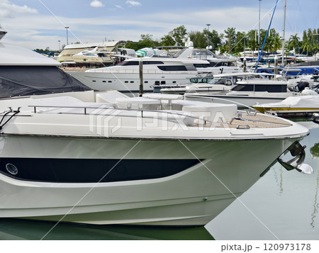 A stylish luxurious yacht elegantly docked at a marina 120973178