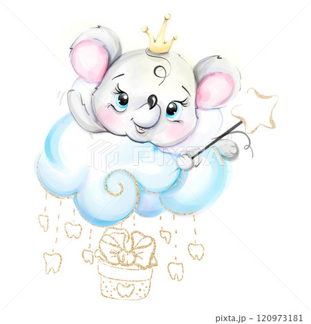 Watercolor tooth fairy with a magic wand and greeting. Cartoon dental princess mouse. Medical kids illustration for print, textile, design and decoration 120973181